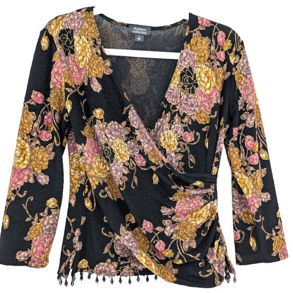 VTG Y2K Black Textured Metallic Floral Bead Trim Boho Whimisigoth Faux Wrap Top - Picture 3 of 12